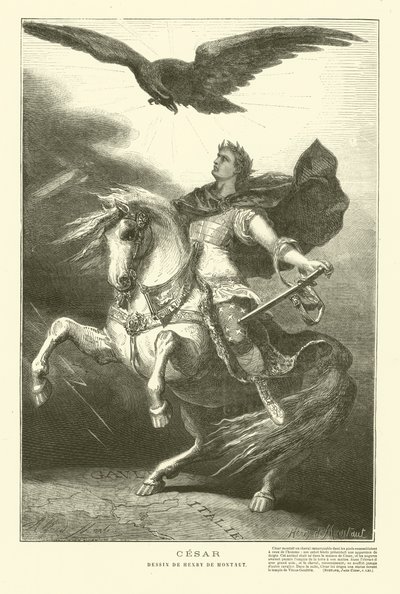 Júlio César a cavalo com uma águia imperial acima dele (gravura) de Henri de (after) Montaut