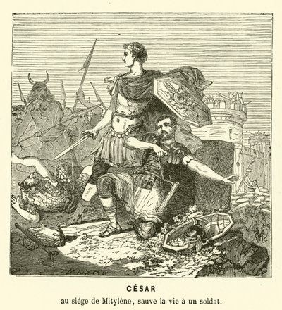 Júlio César salvando a vida de um soldado no Cerco de Mitylene, Lesbos, Grécia, 81 AC (gravura) de Henri de (after) Montaut