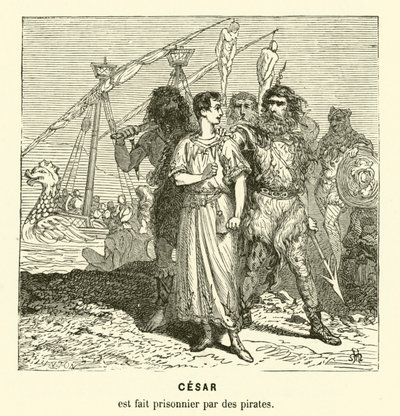 Júlio César feito prisioneiro por piratas cílices ao atravessar o Mar Egeu, c75 a.C. (gravura) de Henri de (after) Montaut