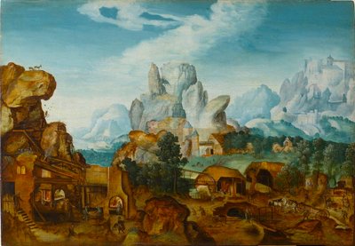 Paisagem rochosa com uma forja A fuga para o Egito, antes de 1550. de Henri de Herri met de Bles