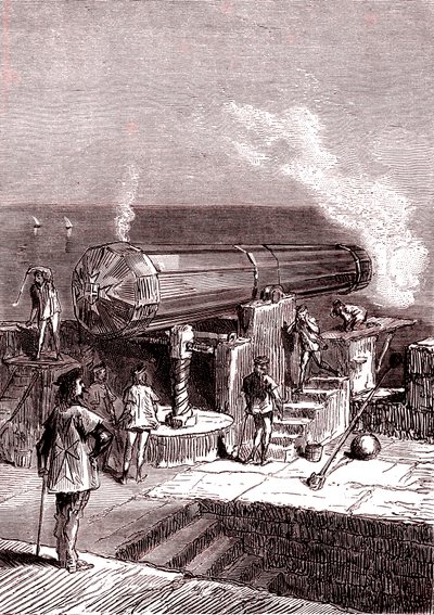 O canhão gigante na ilha de Malta, obra de arte, "Da Terra à Lua" de Júlio Verne de Henri de Montaut
