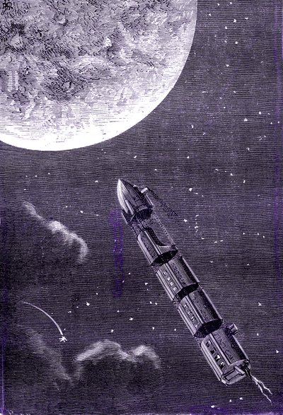 Comboio de balas (ou projécteis) disparado por um canhão gigante para a Lua, "Da Terra à Lua" de Júlio Verne de Henri de Montaut