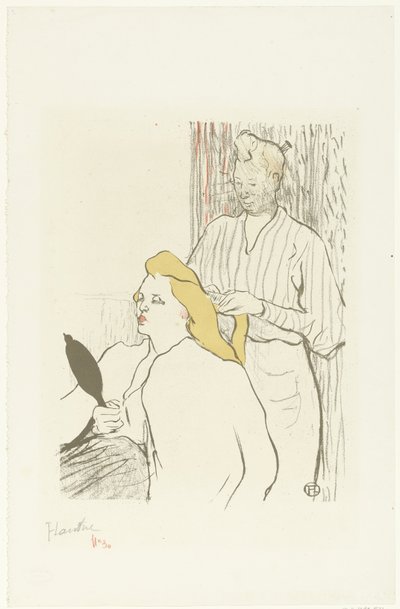 Cabeleireiro penteia cabelo de mulher sentada com espelho na mão
Le coiffeur Programme du Théâtre Libre de Henri de Toulouse Lautrec (signed by artist)