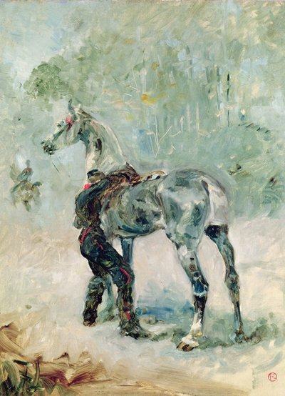 Artilheiro, selando seu cavalo, 1879 de Henri de Toulouse Lautrec
