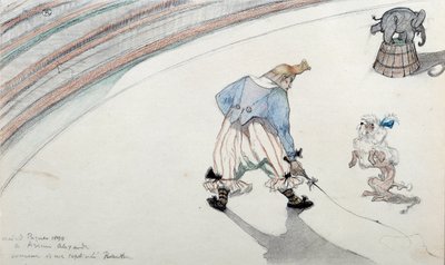 Cena de circo: adestramento. Um palhaço com um cão cientista e um elefante acrobático. Desenho de Henri de Toulouse Lautrec (1864-1901) Albi do século XIX, Musee de Toulouse Lautrec de Henri de Toulouse Lautrec