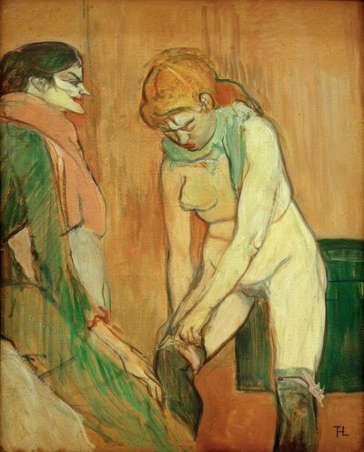 Mulher puxando suas meias de Henri de Toulouse Lautrec