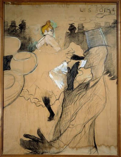 O moinho vermelho, o Goulue e o Valentin le Desosse. Esboço, carvão vegetal com reflexos coloridos. Desenho de Henri De Toulouse Lautrec (1864-1901) de Henri de Toulouse Lautrec