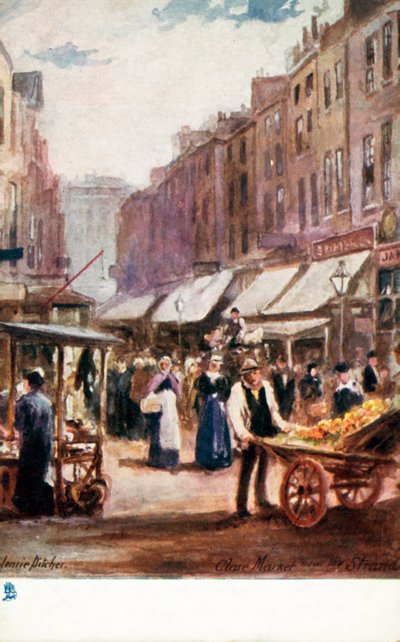 Londres antiga: Clare Market, perto de Strand (litografia a cores) de Henrie Pitcher