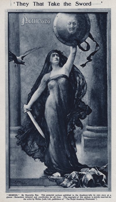 Némesis, desenho animado sobre a derrota do Kaiser Wilhelm II e da Alemanha na Primeira Guerra Mundial exibido na Academia Real (litho) de Henrietta (after) Rae
