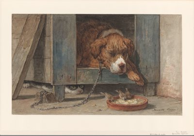 Gato espionando pássaros em um cachorro dormindo de Henriëtte Ronner