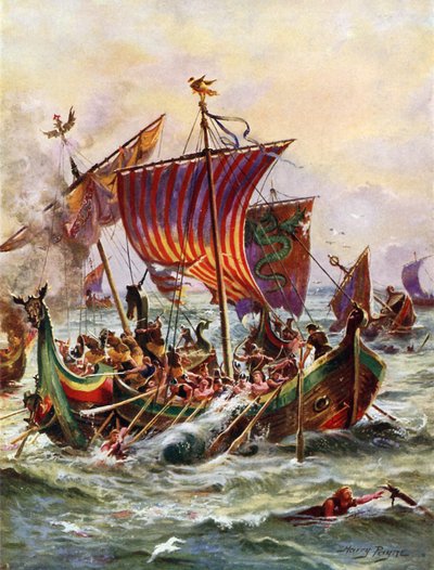 As Galés do Rei Alfred atacando as Naves Dragão Viking, 897 (cor litho) de Henry Payne