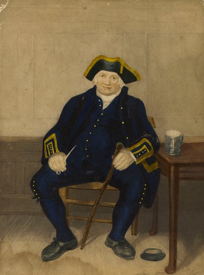 Retrato de um reformado de Greenwich, sentado com cachimbo de barro e caneca (água-tinta) de Henry (after) Dawe