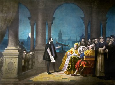 Galileu Galilei demonstrando o seu telescópio a Leonardo Donato, Doge de Veneza e ao Senado veneziano em 1609, c.1900 (litografia) de Henry (after) Detouche