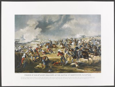 Carga de H.M. 14th Light Dragoons na Batalha de Ramnuggur, 22 de Novembro de 1848, gravada por J. Harris, c.1851 (fotolito a cores) de Henry (after) Martens