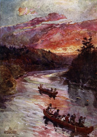 Canoas num rio norte-americano (cor litho) de Henry (after) Sandham