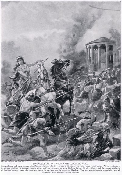 O ataque de Boadicea ao Camulodunum em 60 dC, da "História da Nação Britânica" de Hutchison, c.1920 de Henry A. Payne