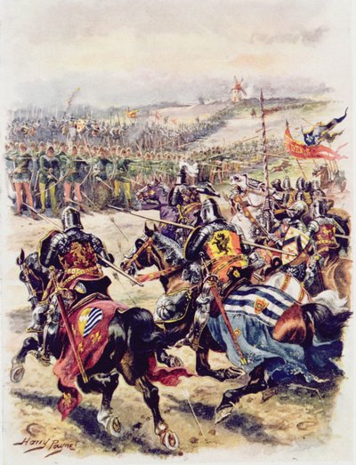 Carga da Cavalaria Francesa, ilustração de "Batalhas Gloriosas da História Inglesa" do Major CH Wylly, década de 1920 de Henry A. Payne