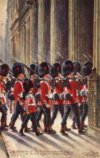 Guardas Coldstream entrando no Banco da Inglaterra para o serviço de guarda de Henry A. Payne