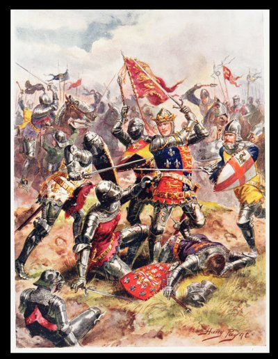 Rei Henrique V (1387-1422) Combate com Valor Heroico, ilustração de "Batalhas Gloriosas da História Inglesa" do Major CH Wylly, década de 1920 de Henry A. Payne