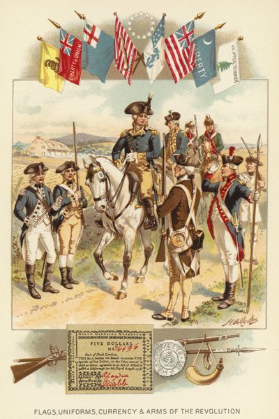 Bandeiras, Fardas, Moeda e Braços da Revolução (cor litho) de Henry Alexander (after) Ogden
