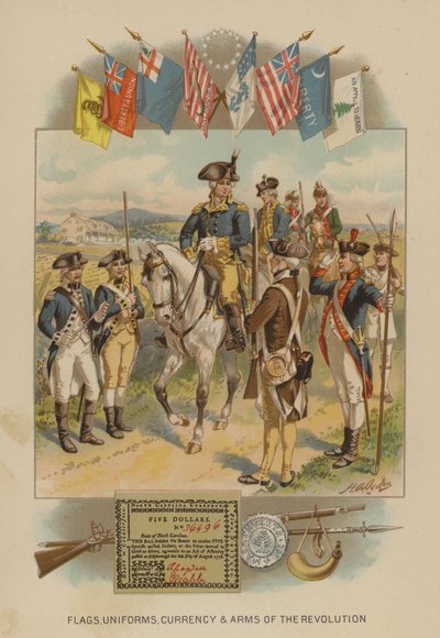 Bandeiras, uniformes, moeda e armas da Revolução Americana (chromolitho) de Henry Alexander (after) Ogden