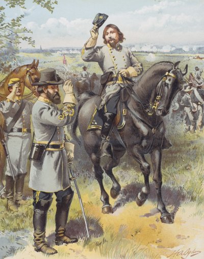 General Pickett recebendo a ordem de cobrança do General Longstreet, Batalha de Gettysburg, 3 de Julho de 1863 (cor litho) de Henry Alexander (after) Ogden