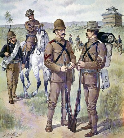 Uniformes do Exército dos EUA 1898-1900: Vestido de campo cáqui para homens alistados (cor litho) de Henry Alexander (after) Ogden
