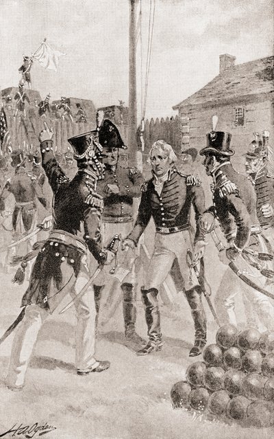 General de brigada William Hull se rende ao forte e cidade de Detroit, Michigan, América durante o cerco de Detroit, de The History of Our Country, publicado em 1905 de Henry Alexander Ogden