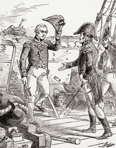 O capitão Dacres do HMS Guerriere se rende e oferece sua espada ao Capitão Hull a bordo da Constituição do USS após sua derrota durante a Guerra de 1812, de The History of Our Country, publicado em 19 de Henry Alexander Ogden