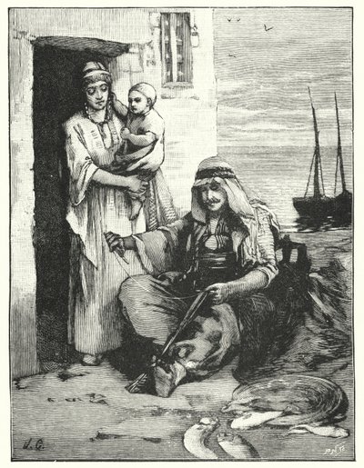 Um pescador remendando suas redes, Mar de Tiberíades (litho) de Henry Andrew Harper