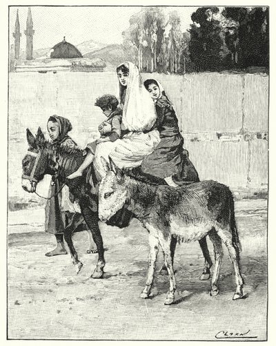 Várias pessoas a cavalgar sobre um cu (litho) de Henry Andrew Harper