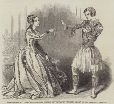 Miss Cushman como Viola, e Miss Susan Cushman como Olivia, em Twelfth Night, no Haymarket Theatre de Henry Anelay