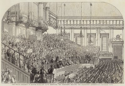 O Congresso da Paz em Exeter Hall, Sir David Brewster, o Presidente, lendo o discurso inaugural de Henry Anelay
