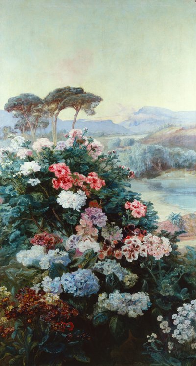 Camélias e outras Flores numa Paisagem (óleo sobre tela) de Henry Arthur Bonnefoy