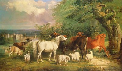 Haddon Hall com ovelhas, gado, um veado e um pônei de Henry Barraud