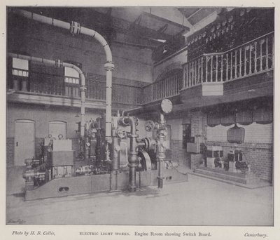 Casa das máquinas mostrando quadro de distribuição, Luz eléctrica, Canterbury, Kent (foto a p/b) de Henry Beauchamp Collis