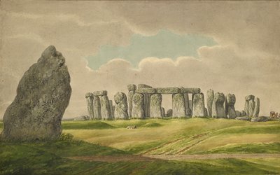 Stonehenge do N.E., mostrando ruínas e pedra de calcanhar com carroça, cavalo, pessoa, 1824-1839 de Henry Browne