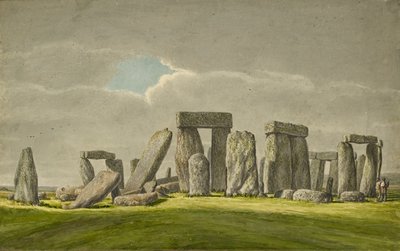 Stonehenge do S.E, mostrando pedras em estado de ruína com 2 visitantes, 1824-1839 de Henry Browne