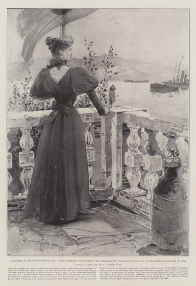 Episódio na Guerra Greco-Turca, Esposa do Cônsul Merlin içando o Sinal de Comunicação do Telhado do Consulado Britânico em Volo de Henry Charles Seppings Wright