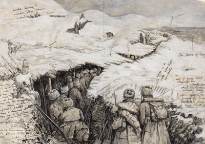 Galiza, tropas russas em colinas cobertas de neve, 13 de março de 1916 (tinta e guache sobre papel) de Henry Charles Seppings Wright