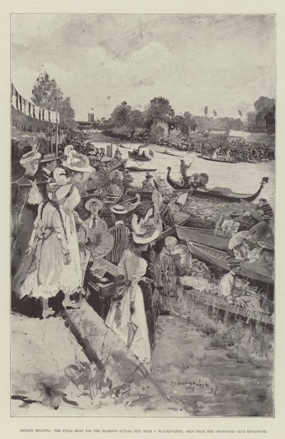 Regata de Henley, o calor final para o diamante Sculls (Ten Eyck v Blackstaffe), visto do cerco do clube de Grosvenor de Henry Charles Seppings Wright
