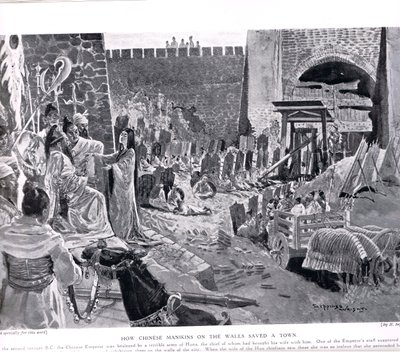 Como os Maninkins Chineses em uma parede salvam uma cidade, ilustração de &39;Hutchinsons History of the Nations&39;, c.1920 de Henry Charles Seppings Wright