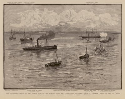 A corveta portuguesa Tamega a disparar contra o navio SS Agnes, no rio Pungwe, África Oriental (gravura) de Henry Charles Seppings Wright