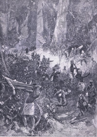 A guerra de Ashanti 1900: Uma luta na floresta, ilustração fromCassells História da Inglaterra, de 1900 de Henry Charles Seppings Wright