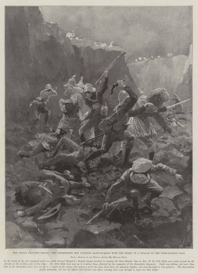 A ascensão da fronteira indiana, os homens de Dorsetshire lutando lado a lado com o inimigo em um nulá na passagem de Tseri-Kandao de Henry Charles Seppings Wright