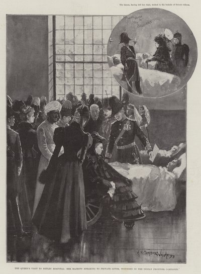 Visita da Rainha ao Hospital Netley, Sua Majestade falando com a Private Lever, ferida na Campanha da Fronteira Indiana de Henry Charles Seppings Wright