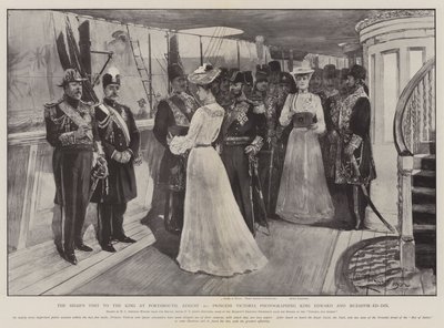 Os Xá visitam o rei em Portsmouth, 20 de agosto, a princesa Victoria fotografa o rei Edward e Muzaffir-ed-Din de Henry Charles Seppings Wright