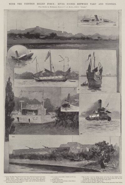 Com a Força de Socorro de Tientsin, Cenas de Rio entre Taku e Tientsin de Henry Charles Seppings Wright