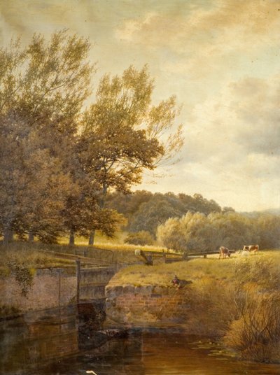 Paisagem arborizada com menino pescando em uma eclusa, 1931. de Henry Cheadle