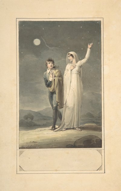 Paisagem noturna com duas figuras projeto para uma ilustração de livro gravado, 1807-44. de Henry Corbould